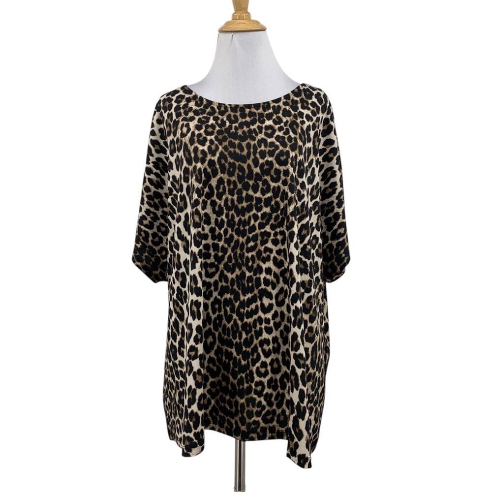 Jules & Leopard Blouse Womens 3X Plus Cheetah Animal Dolman Sleeves Stretch